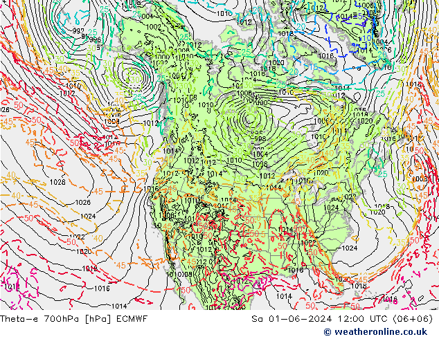 Theta-e 700hPa ECMWF 星期六 01.06.2024 12 UTC