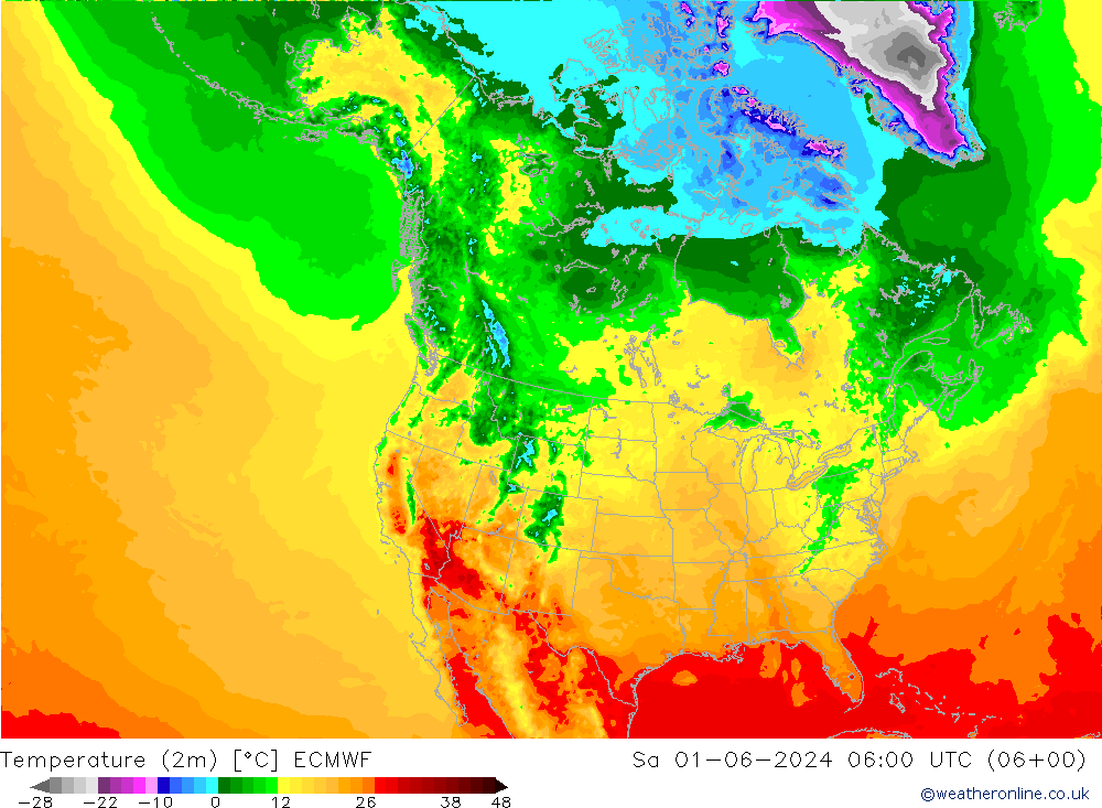 mapa temperatury (2m) ECMWF so. 01.06.2024 06 UTC