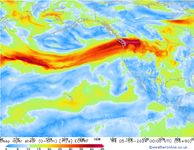 Deep layer shear (0-6km) ECMWF We 05.06.2024 00 UTC