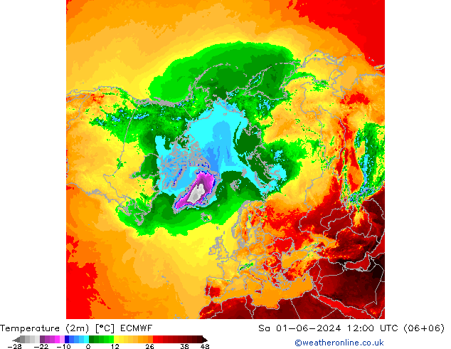 mapa temperatury (2m) ECMWF so. 01.06.2024 12 UTC