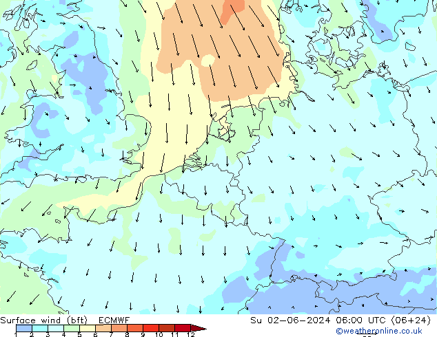 wiatr 10 m (bft) ECMWF nie. 02.06.2024 06 UTC