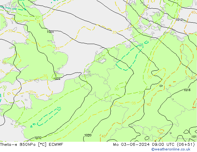 Theta-e 850hPa ECMWF Po 03.06.2024 09 UTC