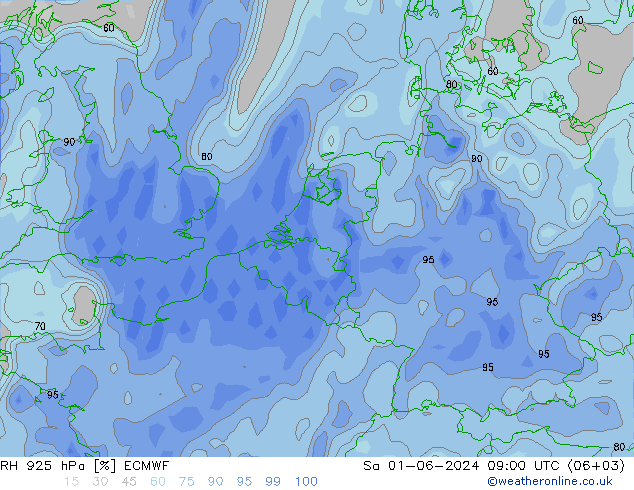 Humedad rel. 925hPa ECMWF sáb 01.06.2024 09 UTC