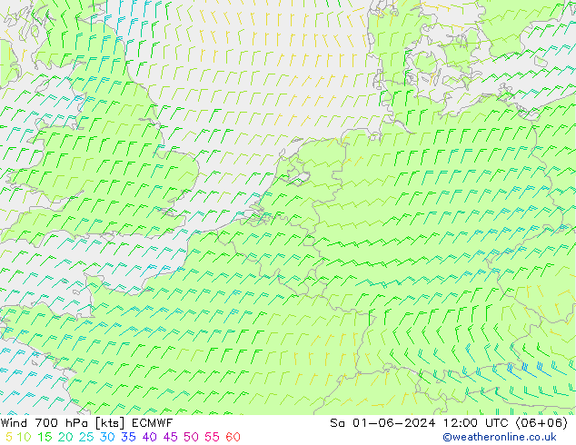 Wind 700 hPa ECMWF Sa 01.06.2024 12 UTC