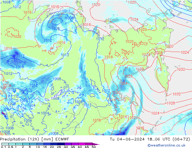 Precipitation (12h) ECMWF Út 04.06.2024 06 UTC