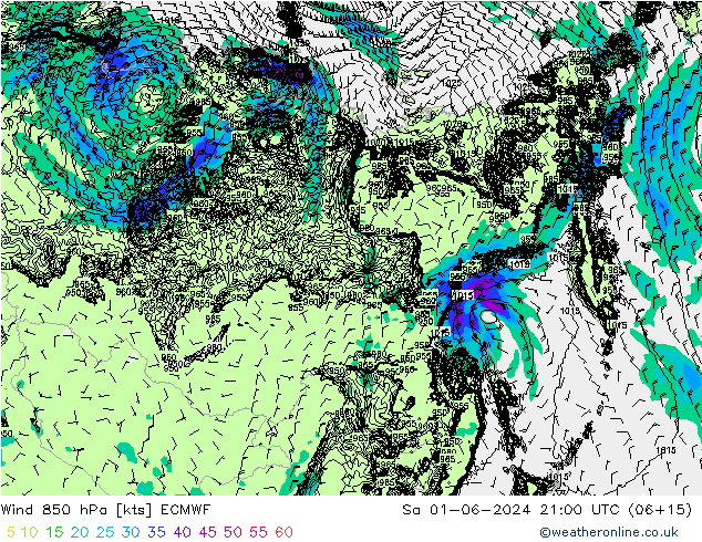 ветер 850 гПа ECMWF сб 01.06.2024 21 UTC