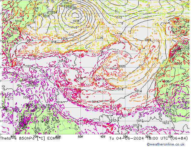 Theta-e 850гПа ECMWF вт 04.06.2024 18 UTC