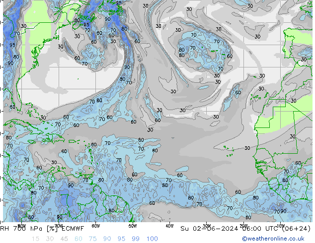 RH 700 hPa ECMWF Dom 02.06.2024 06 UTC