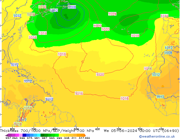 Thck 700-1000 hPa ECMWF Qua 05.06.2024 00 UTC