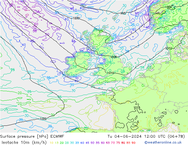 Isotachs (kph) ECMWF  04.06.2024 12 UTC