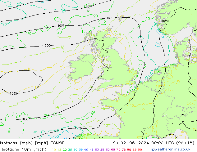 Isotachen (mph) ECMWF zo 02.06.2024 00 UTC