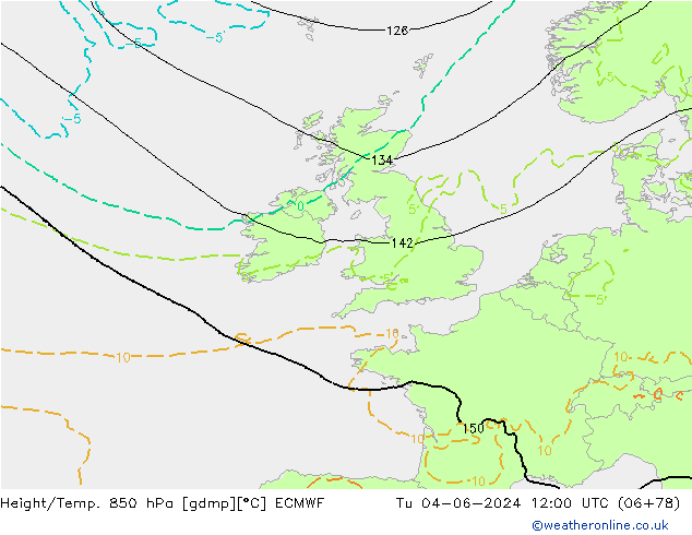 Hoogte/Temp. 850 hPa ECMWF di 04.06.2024 12 UTC