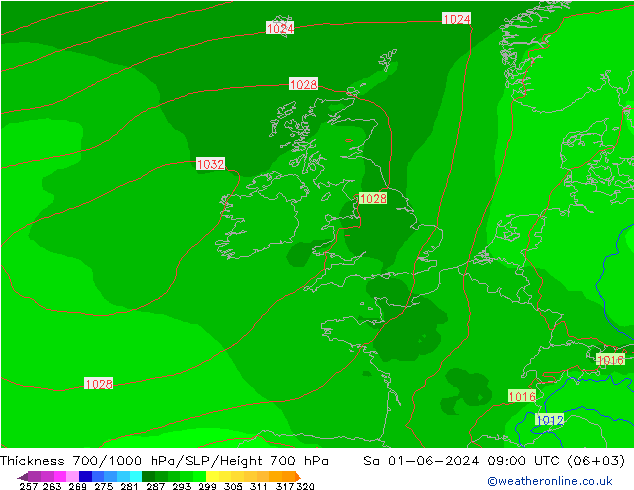 Thck 700-1000 hPa ECMWF So 01.06.2024 09 UTC