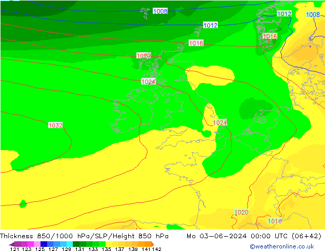 Dikte 850-1000 hPa ECMWF ma 03.06.2024 00 UTC