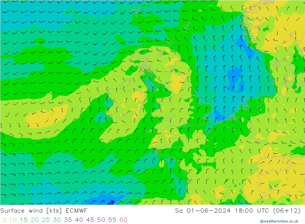 Prec 6h/Wind 10m/950 ECMWF so. 01.06.2024 18 UTC