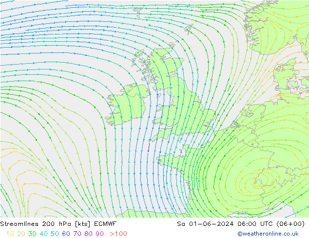 ветер 200 гПа ECMWF сб 01.06.2024 06 UTC