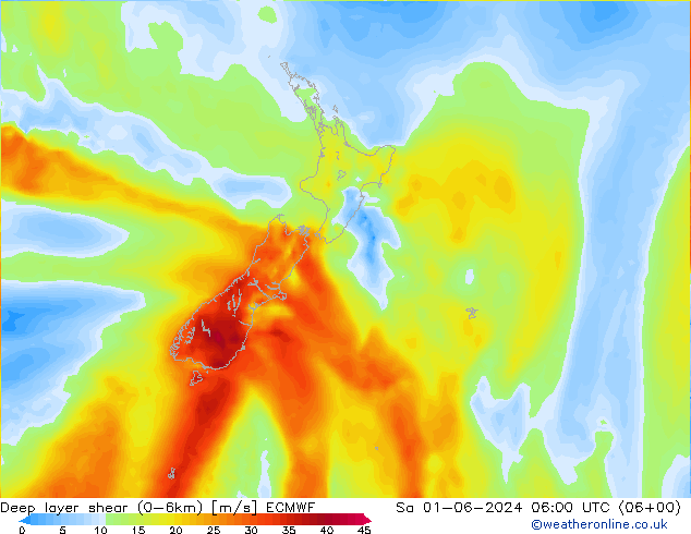 Deep layer shear (0-6km) ECMWF sab 01.06.2024 06 UTC