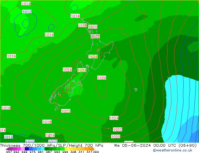 Espesor 700-1000 hPa ECMWF mié 05.06.2024 00 UTC