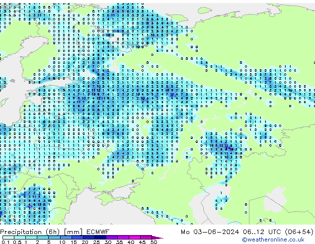 Precipitación (6h) ECMWF lun 03.06.2024 12 UTC