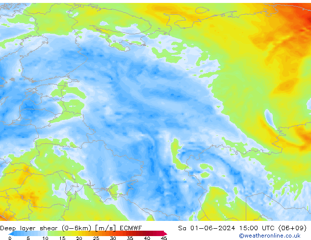 Deep layer shear (0-6km) ECMWF sam 01.06.2024 15 UTC