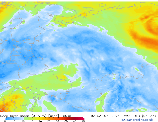 Deep layer shear (0-6km) ECMWF Mo 03.06.2024 12 UTC