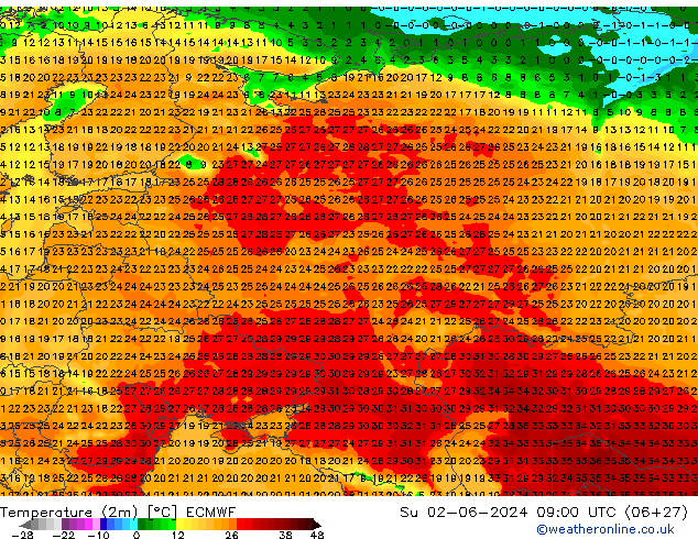 Temperature (2m) ECMWF Su 02.06.2024 09 UTC