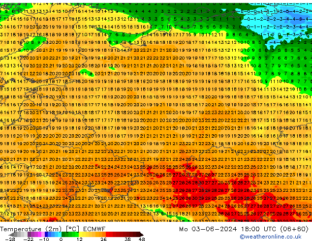 Sıcaklık Haritası (2m) ECMWF Pzt 03.06.2024 18 UTC