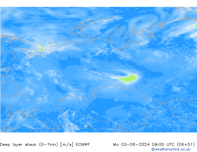 Deep layer shear (0-1km) ECMWF Mo 03.06.2024 09 UTC