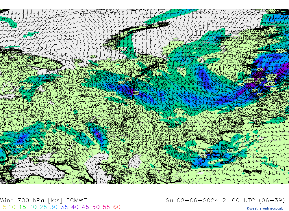 wiatr 700 hPa ECMWF nie. 02.06.2024 21 UTC