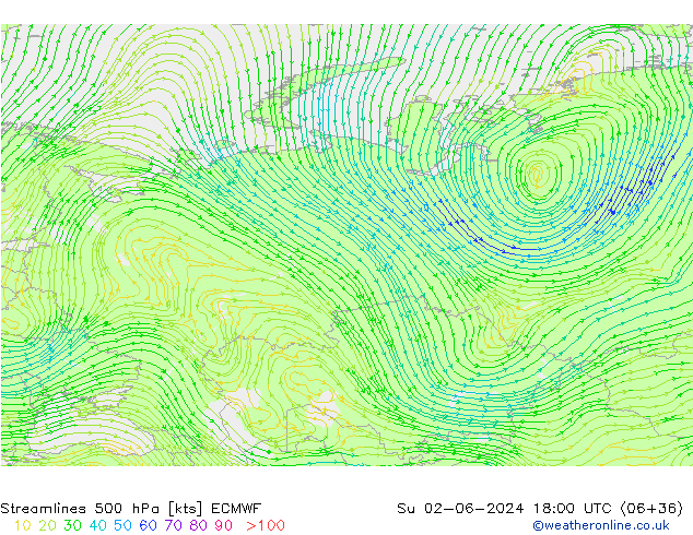 Ligne de courant 500 hPa ECMWF dim 02.06.2024 18 UTC