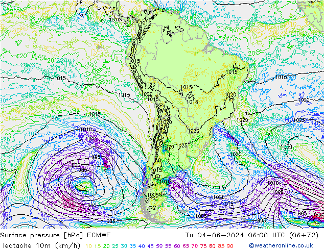 Isotachs (kph) ECMWF Tu 04.06.2024 06 UTC