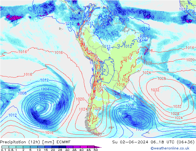 Totale neerslag (12h) ECMWF zo 02.06.2024 18 UTC