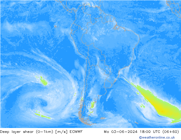 Deep layer shear (0-1km) ECMWF Po 03.06.2024 18 UTC