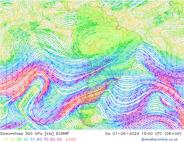 Línea de corriente 300 hPa ECMWF sáb 01.06.2024 15 UTC