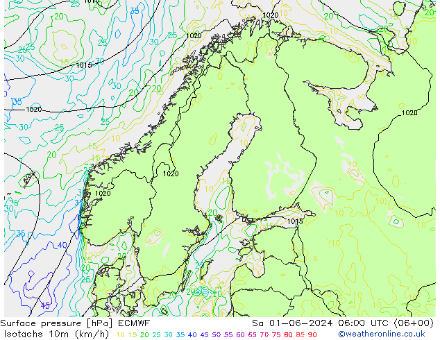 Izotacha (km/godz) ECMWF so. 01.06.2024 06 UTC