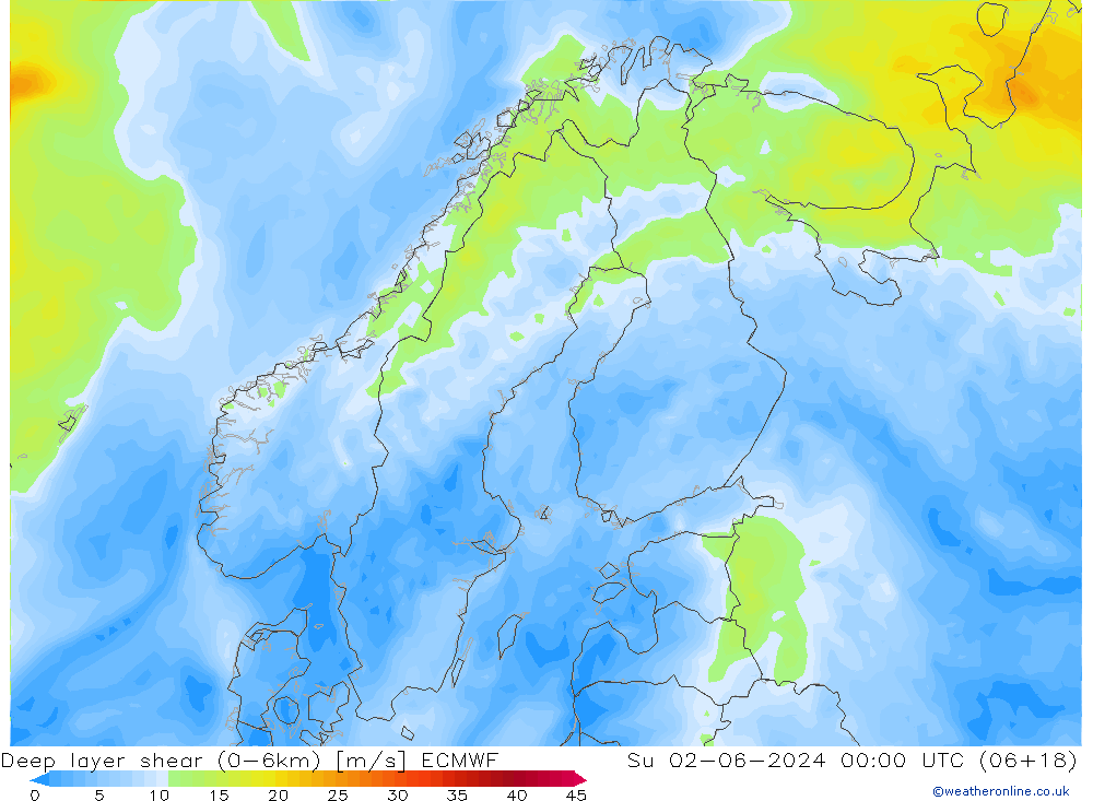 Deep layer shear (0-6km) ECMWF zo 02.06.2024 00 UTC