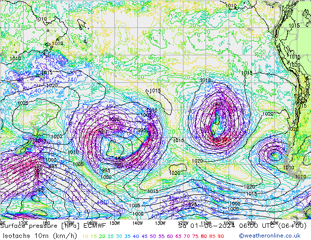 Isotachs (kph) ECMWF sab 01.06.2024 06 UTC