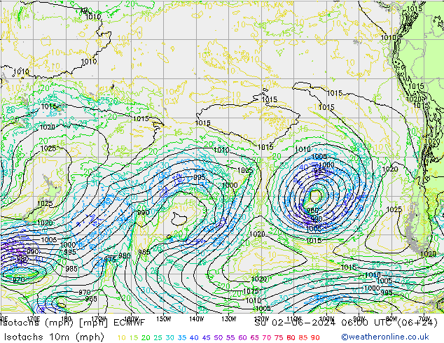 Isotachen (mph) ECMWF zo 02.06.2024 06 UTC