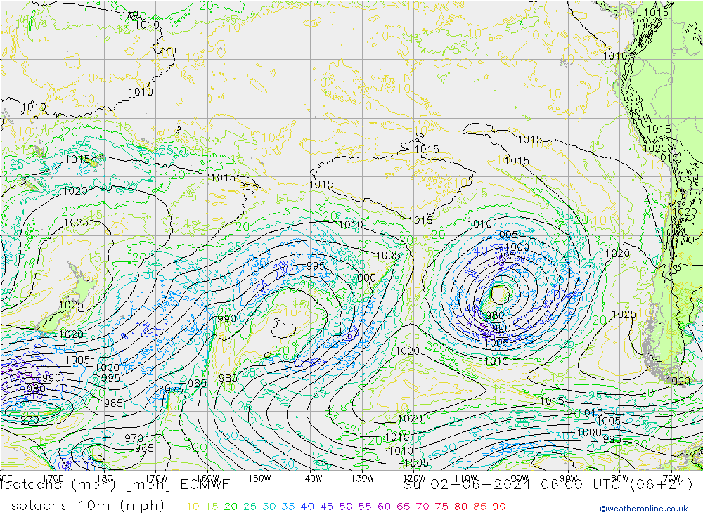 Isotachen (mph) ECMWF zo 02.06.2024 06 UTC