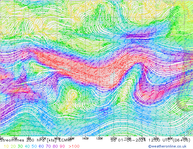 Linha de corrente 200 hPa ECMWF Sáb 01.06.2024 12 UTC