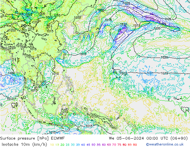 Isotachs (kph) ECMWF mer 05.06.2024 00 UTC