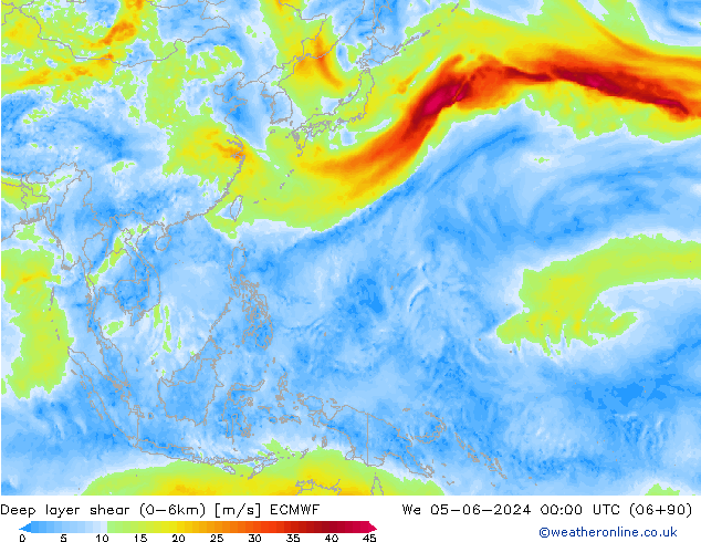 Deep layer shear (0-6km) ECMWF  05.06.2024 00 UTC