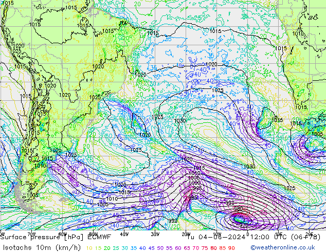 Isotachs (kph) ECMWF mar 04.06.2024 12 UTC