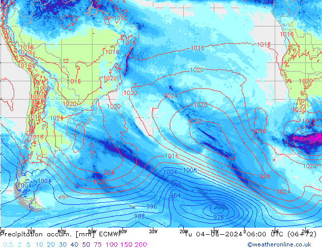 Precipitation accum. ECMWF Tu 04.06.2024 06 UTC