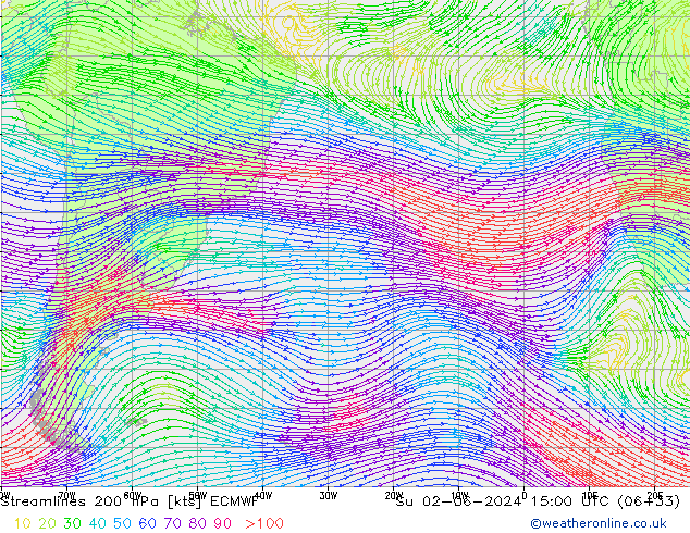 Streamlines 200 hPa ECMWF Su 02.06.2024 15 UTC