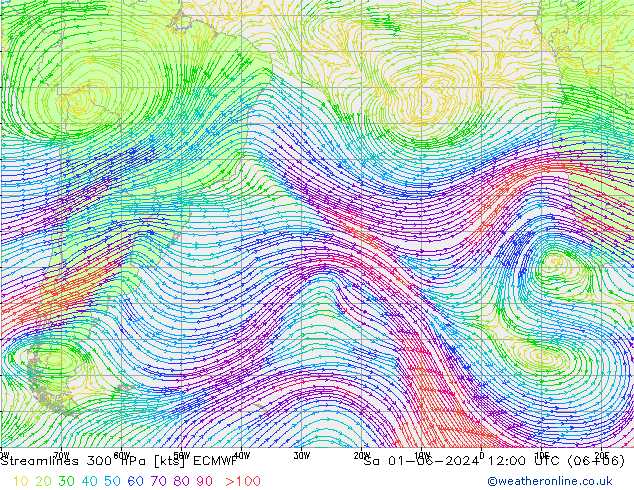 Linea di flusso 300 hPa ECMWF sab 01.06.2024 12 UTC