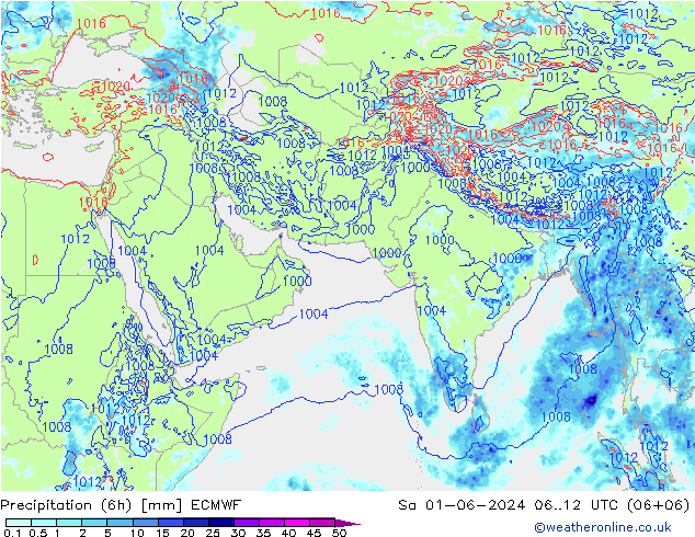 Neerslag 6h/Wind 10m/950 ECMWF za 01.06.2024 12 UTC