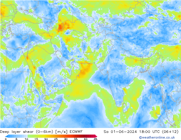 Deep layer shear (0-6km) ECMWF Sáb 01.06.2024 18 UTC