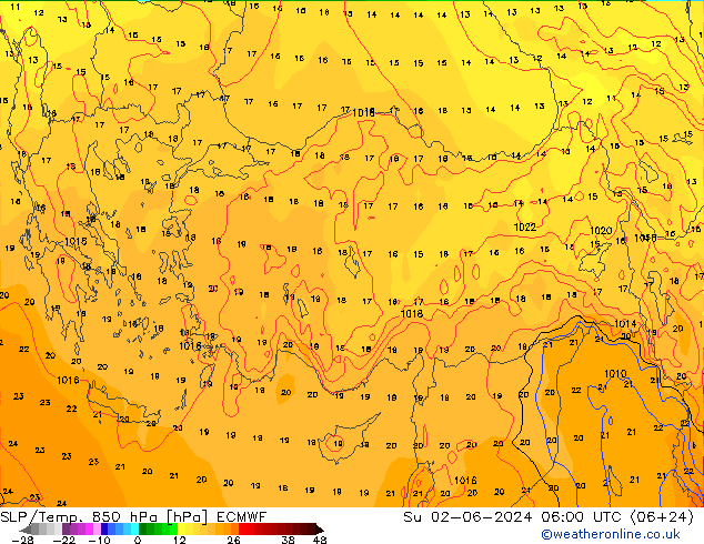 850 hPa Yer Bas./Sıc ECMWF Paz 02.06.2024 06 UTC