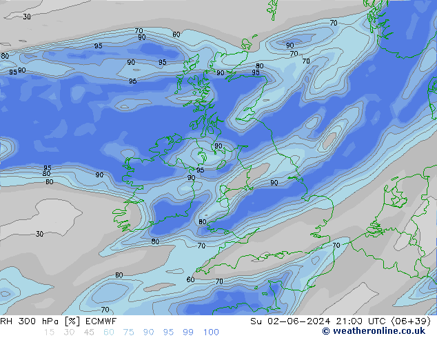 RH 300 hPa ECMWF Su 02.06.2024 21 UTC